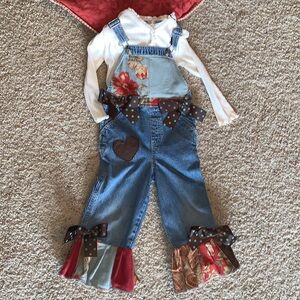 Boutique Toddler Overalls 4T Ruffles & Bows Cream Tee Fall Fabric New with Tags